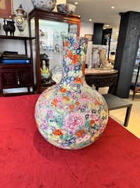 A large Chinese famille rose 'millefleurs' 'tianqiuping' vase, Qianlong mark, 20th C.