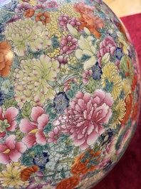 A large Chinese famille rose 'millefleurs' 'tianqiuping' vase, Qianlong mark, 20th C.