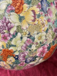 A large Chinese famille rose 'millefleurs' 'tianqiuping' vase, Qianlong mark, 20th C.