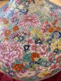 A large Chinese famille rose 'millefleurs' 'tianqiuping' vase, Qianlong mark, 20th C.