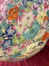 A large Chinese famille rose 'millefleurs' 'tianqiuping' vase, Qianlong mark, 20th C.