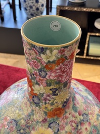 A large Chinese famille rose 'millefleurs' 'tianqiuping' vase, Qianlong mark, 20th C.