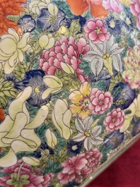 A large Chinese famille rose 'millefleurs' 'tianqiuping' vase, Qianlong mark, 20th C.