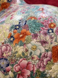 A large Chinese famille rose 'millefleurs' 'tianqiuping' vase, Qianlong mark, 20th C.