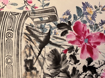 Wang Xuetao 王雪濤 (1903-1982): 'Ritual vessels and flowers', ink and colour on paper