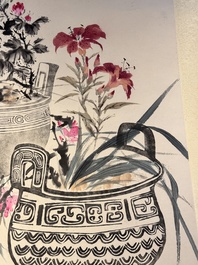 Wang Xuetao 王雪濤 (1903-1982): 'Ritual vessels and flowers', ink and colour on paper