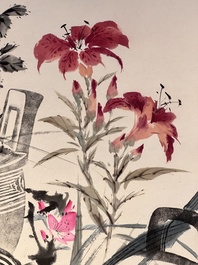 Wang Xuetao 王雪濤 (1903-1982): 'Ritual vessels and flowers', ink and colour on paper