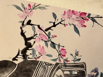 Wang Xuetao 王雪濤 (1903-1982): 'Ritual vessels and flowers', ink and colour on paper