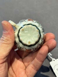 Two small Chinese famille verte handled cups with 'prunus on cracked ice' and 'shou' design, Kangxi