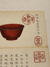 Chinese school: 'Album of Qing dynasty imperial porcelain', Qianlong seal mark, ink and colour on silk, 19/20th C.