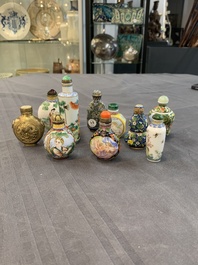 A collection of ten Chinese Canton enamel and porcelain snuff bottles, Qianlong mark, 19/20th C.