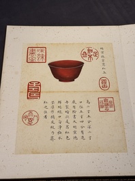 Chinese school: 'Album of Qing dynasty imperial porcelain', Qianlong seal mark, ink and colour on silk, 19/20th C.