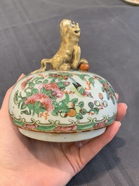 A Chinese Canton famille rose covered vase and two bowls, 19th C.