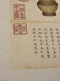 Chinese school: 'Album of Qing dynasty imperial porcelain', Qianlong seal mark, ink and colour on silk, 19/20th C.