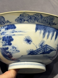 Two Chinese blue and white 'klapmuts' bowls with narrative design, Kangxi