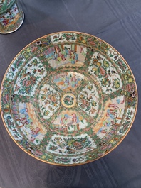 A Chinese Canton famille rose covered vase and two bowls, 19th C.