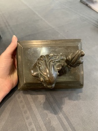 A large Vietnamese copper- and silver-inlaid rectangular 'Buddhist lion' censer and cover on stand, 19th C.