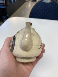 A Chinese Cizhou peach-shaped 'Lian Zhong San Yuan 連仲三元' ewer, Yuan/Ming
