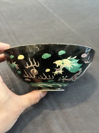 A pair of Chinese famille noire 'dragon' bowls, Wanli mark, 19th C.