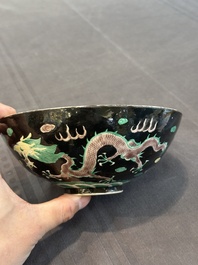 A pair of Chinese famille noire 'dragon' bowls, Wanli mark, 19th C.