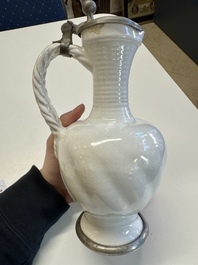 A pewter-mounted white Dutch Delftware jug, 17th C.