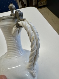 A pewter-mounted white Dutch Delftware jug, 17th C.