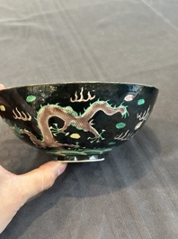 A pair of Chinese famille noire 'dragon' bowls, Wanli mark, 19th C.