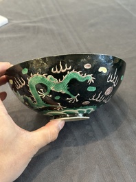 A pair of Chinese famille noire 'dragon' bowls, Wanli mark, 19th C.