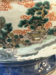 A pair of large Chinese famille verte powder-blue-ground 'landscape' jardini&egrave;res, 19th C.