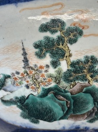 A pair of large Chinese famille verte powder-blue-ground 'landscape' jardini&egrave;res, 19th C.