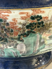 A pair of large Chinese famille verte powder-blue-ground 'landscape' jardini&egrave;res, 19th C.