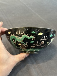 A pair of Chinese famille noire 'dragon' bowls, Wanli mark, 19th C.