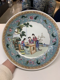 Two Chinese famille rose plates with figural design, Qianlong mark, 20th C.