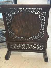 A Chinese wooden table screen with an embroidered silk with turtle design, 19th C.