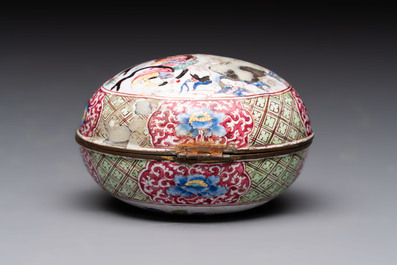 A Chinese Canton enamel 'Long Mu and dragon' oval cosmetic box, 18th C.