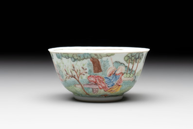 A Chinese famille rose 'Procris and Cephales' cup and saucer, Qianlong