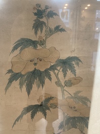 Chinese school: 'Four works with birds and insects near blossoming branches', ink and colour on paper, Republic