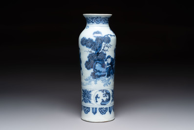 A blue and white Dutch Delft chinoiserie rouleau vase, 17th C.