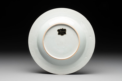 A Chinese famille rose bianco-sopra-bianco 'Peter The Great in Zaandam' plate, Qianlong