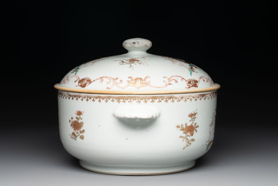 A Chinese famille rose armorial tureen and cover with the arms of van Beeftingh for the Dutch market, Qianlong