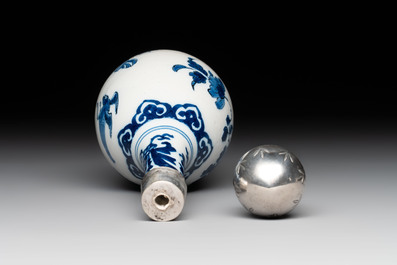 A blue and white Dutch Delft vase with silver cover, 18th C.