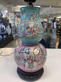 A Chinese famille rose double gourd 'Eight Immortals' vase mounted as a lamp, 19th C.