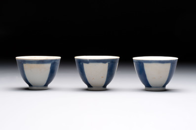 Thirteen Chinese blue and white 'Hatcher Cargo' cups and three celadon-glazed cups, Transitional period