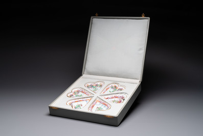 A rare polychrome Dutch Delft petit feu six-piece sweetmeat set, 18th C.