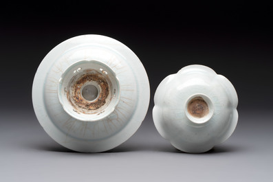 A pair of Chinese qingbai 'crane' plates and a tea bowl with stand, Song/Yuan