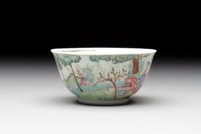 A Chinese famille rose 'Procris and Cephales' cup and saucer, Qianlong