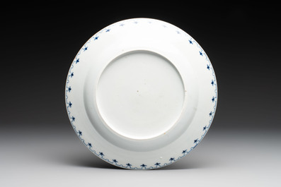 A rare Chinese blue and white 'arbour' dish after Cornelis Pronk, Qianlong, ca. 1740