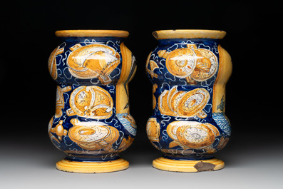 A pair of polychrome Italian maiolica 'Venus' albarelli, 19th C.