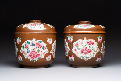 Two large Chinese famille rose capucin-ground covered bowls, Qianlong