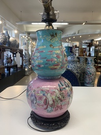 A Chinese famille rose double gourd 'Eight Immortals' vase mounted as a lamp, 19th C.